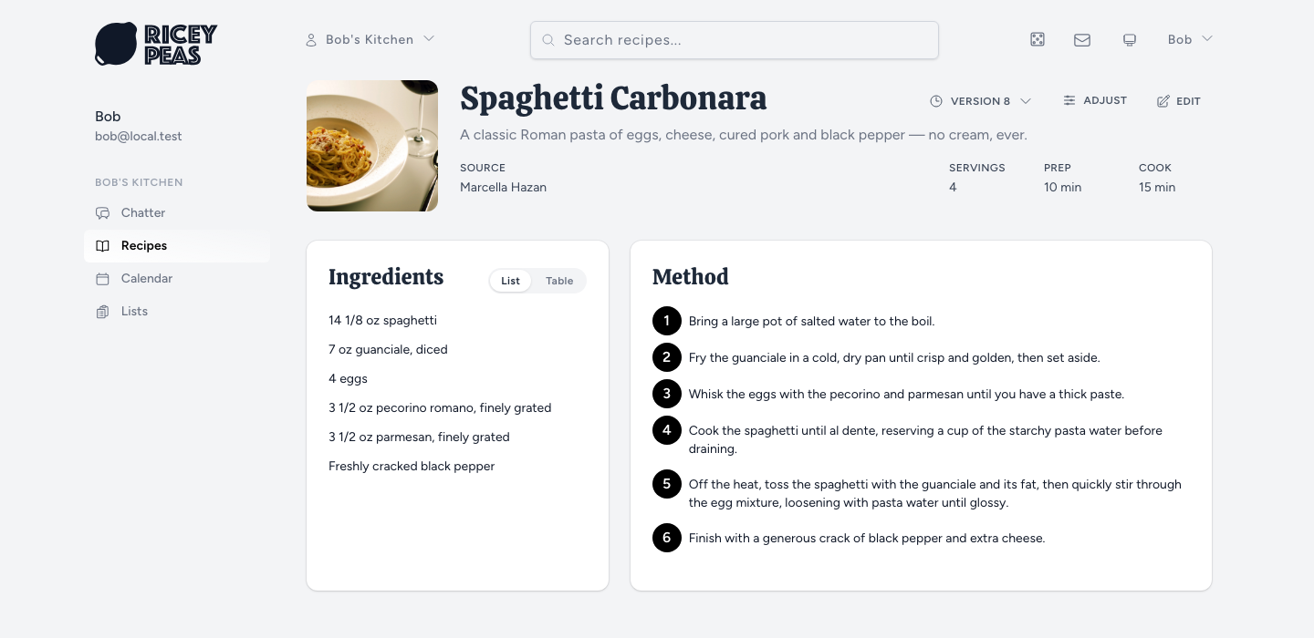 A recipe page showing ingredients, method, versions and an adjust menu
