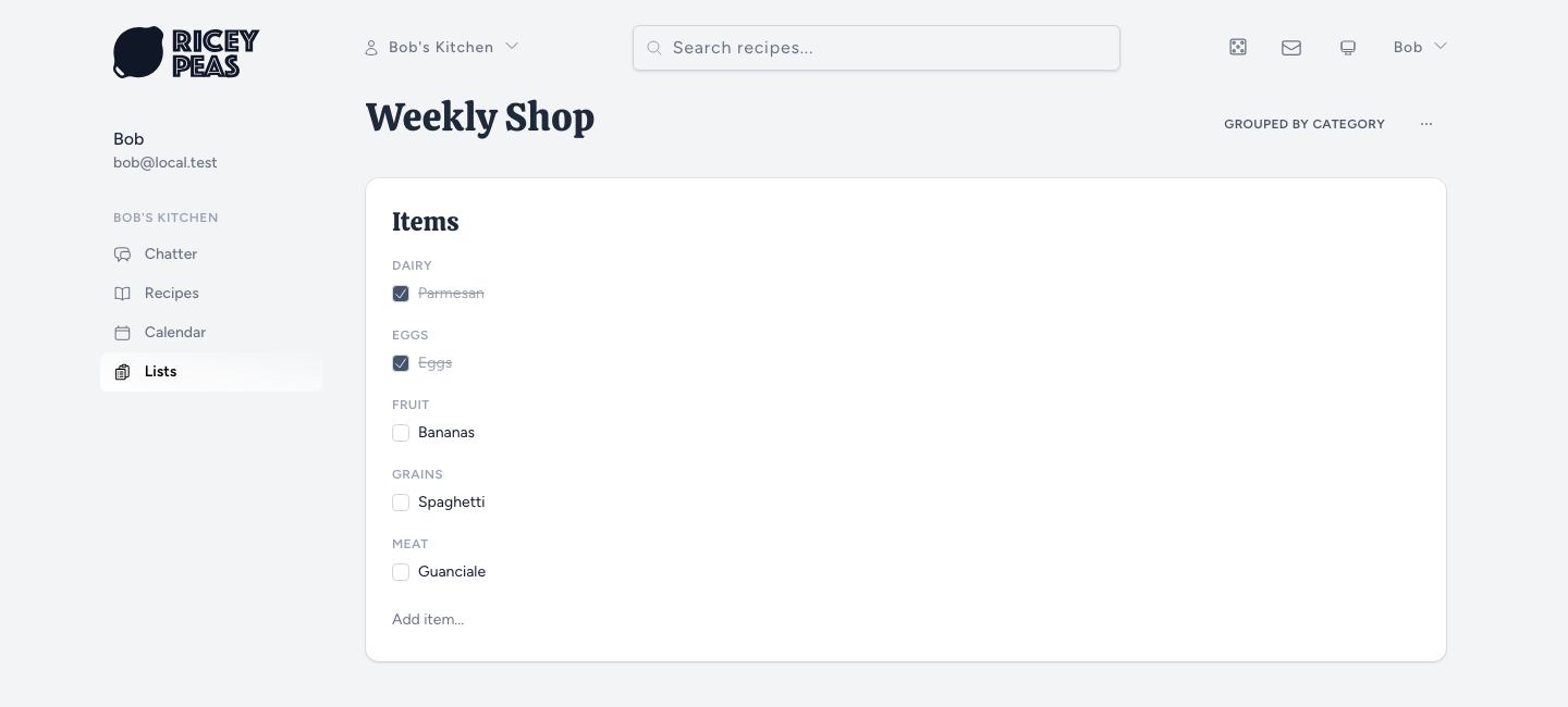A shopping list grouped by category